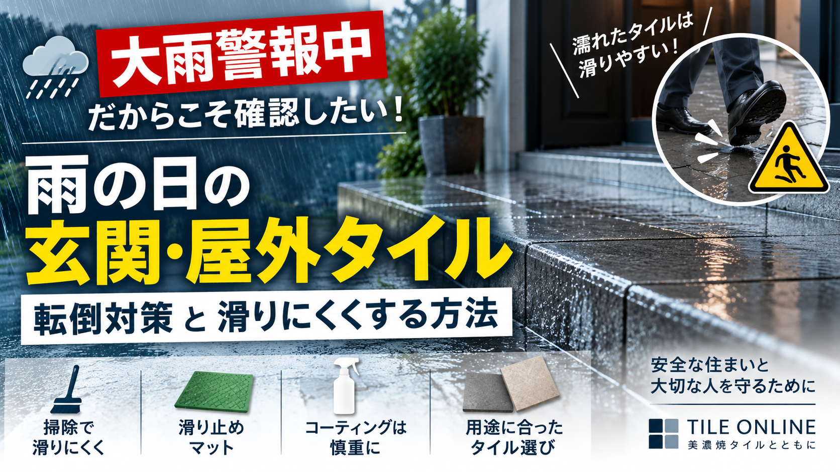 雨とタイルと滑り